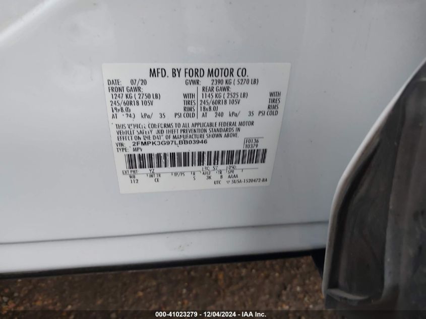 VIN 2FMPK3G97LBB03946 2020 Ford Edge, SE no.9