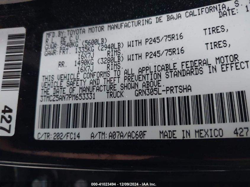 2023 Toyota Tacoma Double Cab/Sr/Sr5/Trail/Trd Sport/Trd Off Road/Trd Pro VIN: 3TMCZ5AN7PM653331 Lot: 41023494