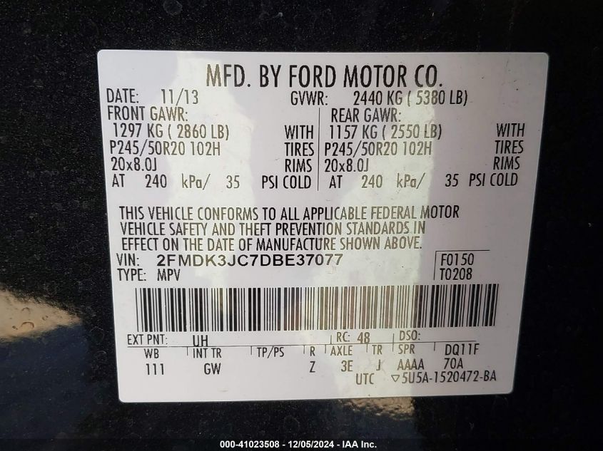 VIN 2FMDK3JC7DBE37077 2013 Ford Edge, Sel no.9