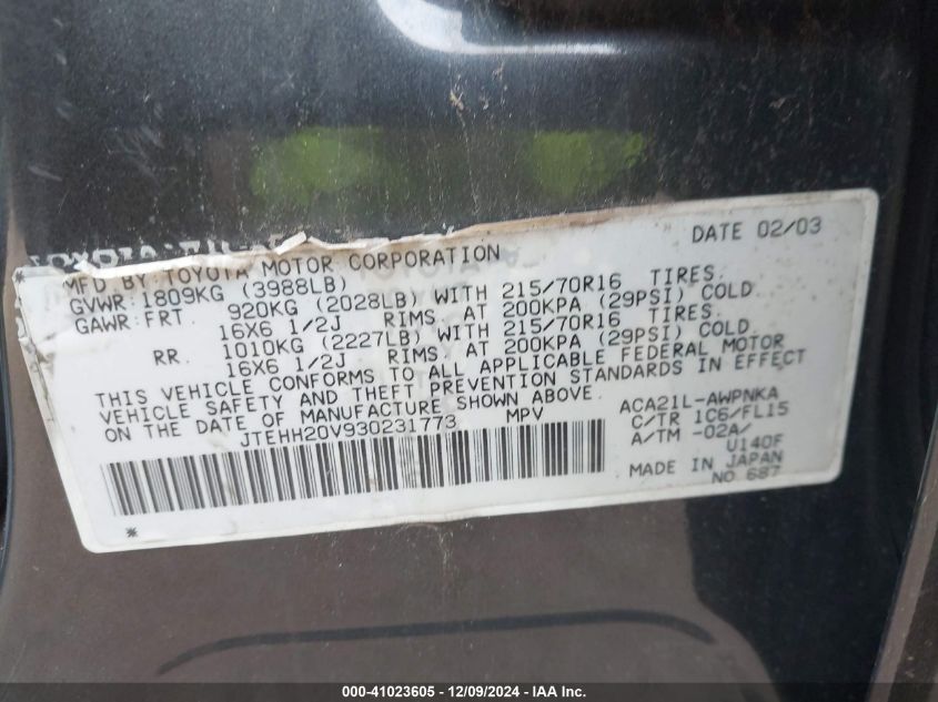 2003 Toyota Rav4 VIN: JTEHH20V930231177 Lot: 41023605