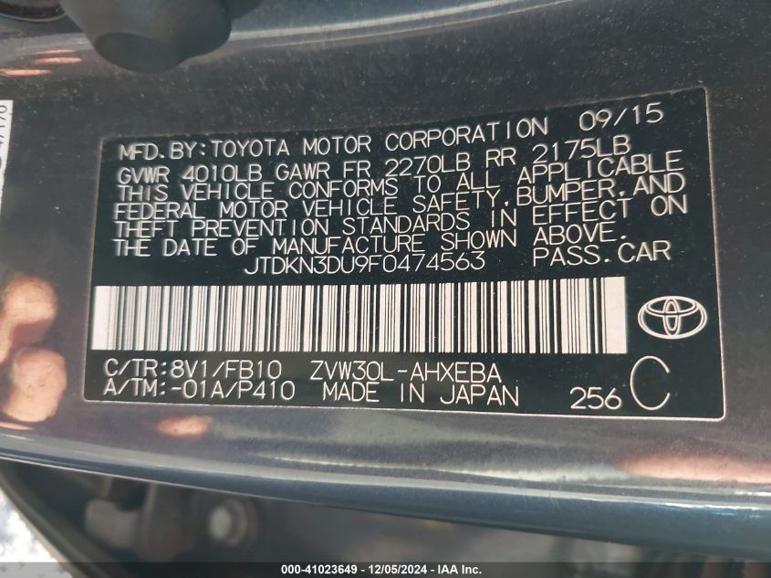 VIN JTDKN3DU9F0474563 2015 Toyota Prius no.9