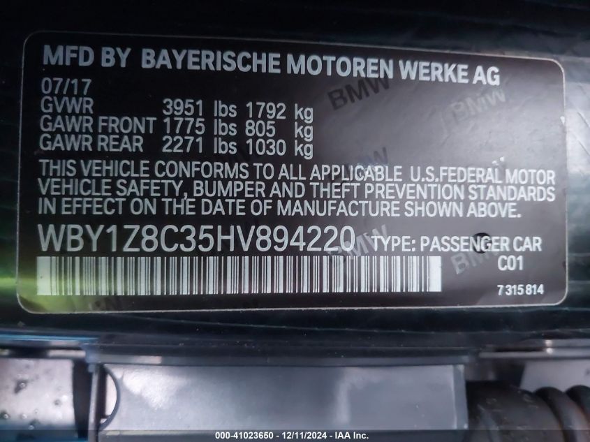 VIN WBY1Z8C35HV894220 2017 BMW I3, 94 Ah W/Range Ex... no.9