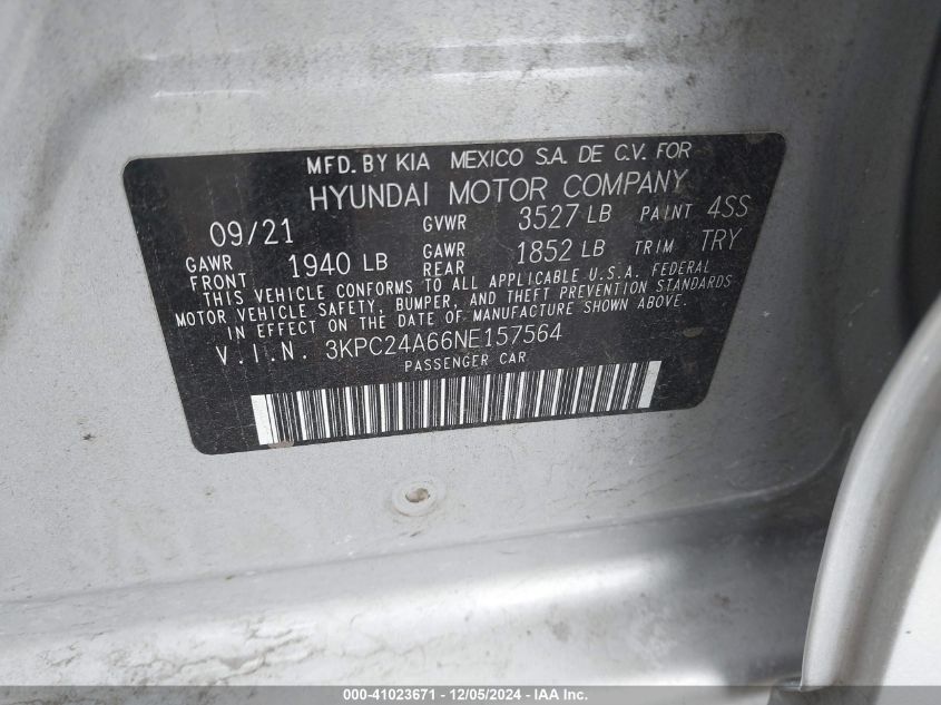 VIN 3KPC24A66NE157564 2022 HYUNDAI ACCENT no.9