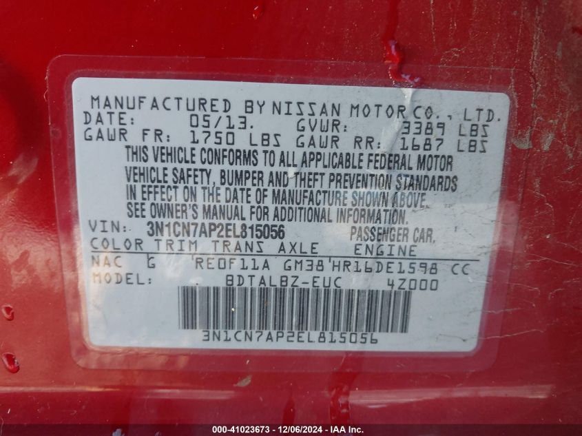 VIN 3N1CN7AP2EL815056 2014 Nissan Versa, 1.6 SV no.9