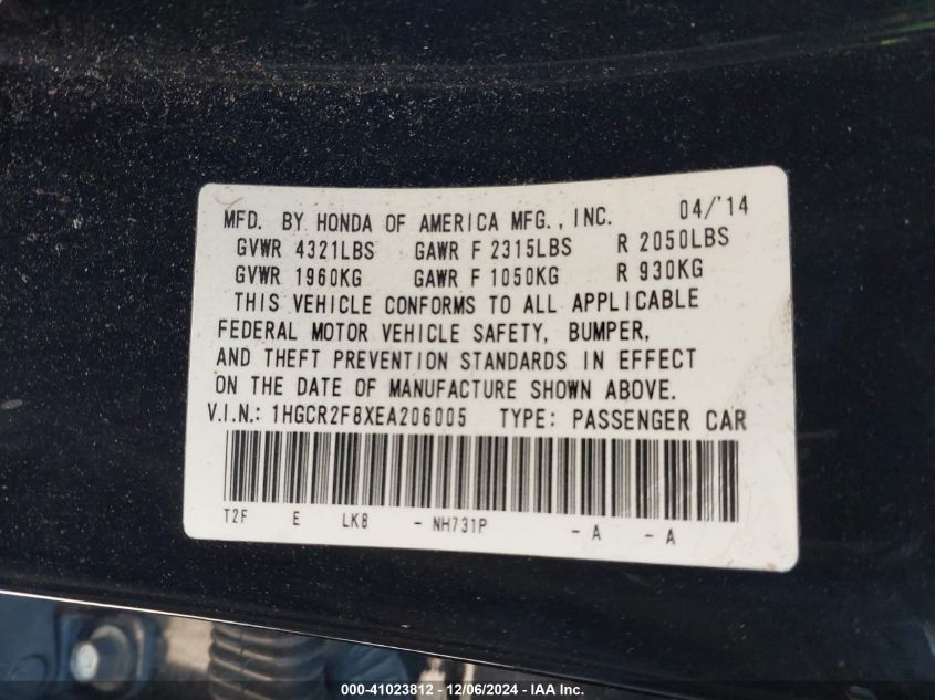 VIN 1HGCR2F8XEA206005 2014 HONDA ACCORD no.9