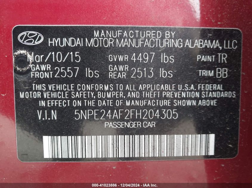 VIN 5NPE24AF2FH204305 2015 Hyundai Sonata, SE no.9