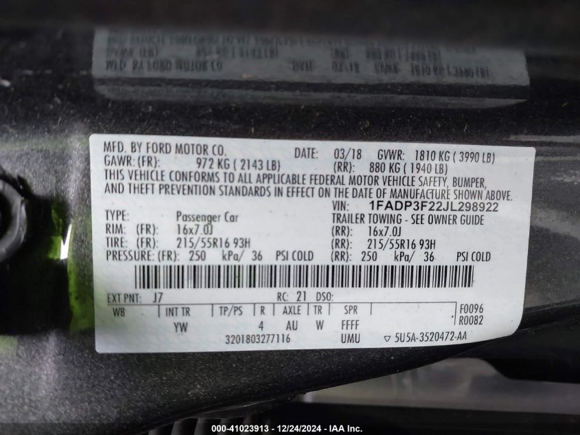 VIN 1FADP3F22JL298922 2018 Ford Focus, SE no.9