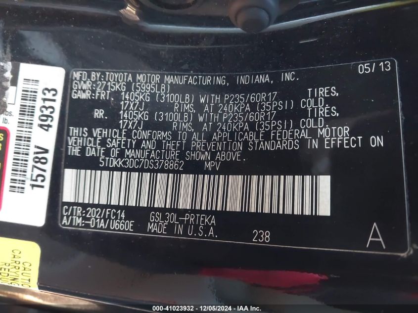 VIN 5TDKK3DC7DS378862 2013 TOYOTA SIENNA no.9