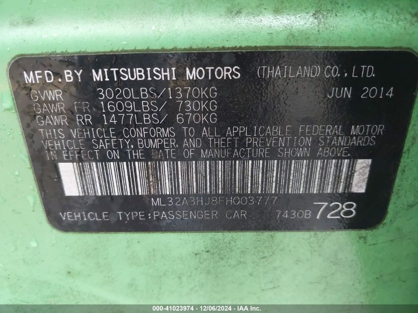 VIN ML32A3HJ8FH003777 2015 Mitsubishi Mirage, De/Rf no.9