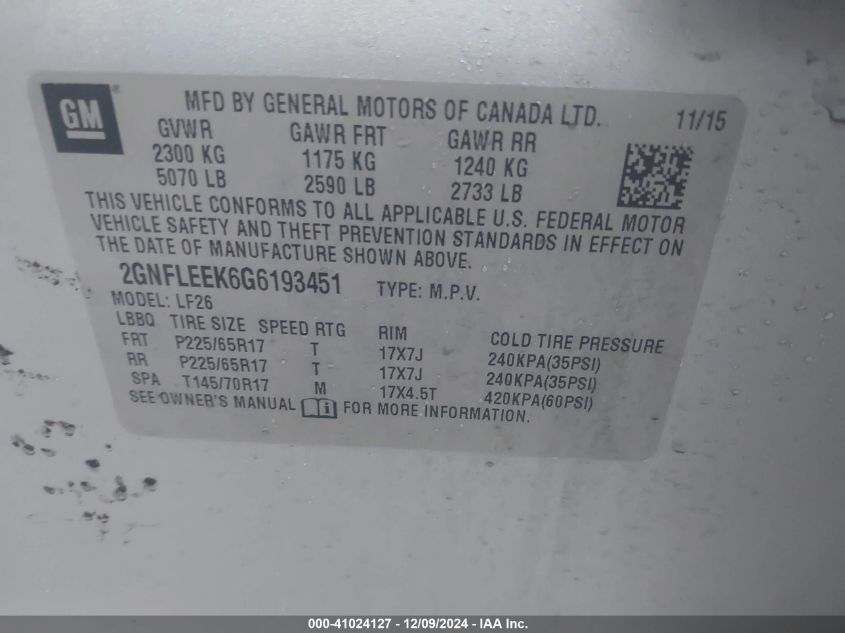 VIN 2GNFLEEK6G6193451 2016 Chevrolet Equinox, LS no.9