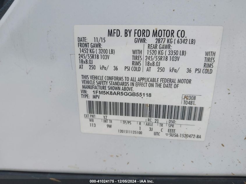 VIN 1FM5K8AR5GGB55118 2016 Ford Utility Police Inte... no.9