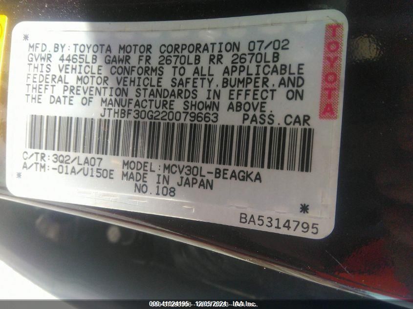 2002 Lexus Es 300 Base (A4) VIN: JTHBF30G220079663 Lot: 41024195