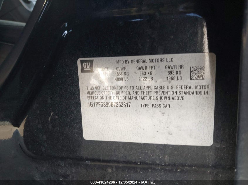 2011 CHEVROLET CRUZE VIN: 1G1PF5S99B7262317