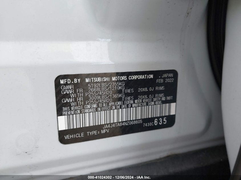 2022 Mitsubishi Outlander Es 2.5 VIN: JA4J4TA84NZ068605 Lot: 41024302