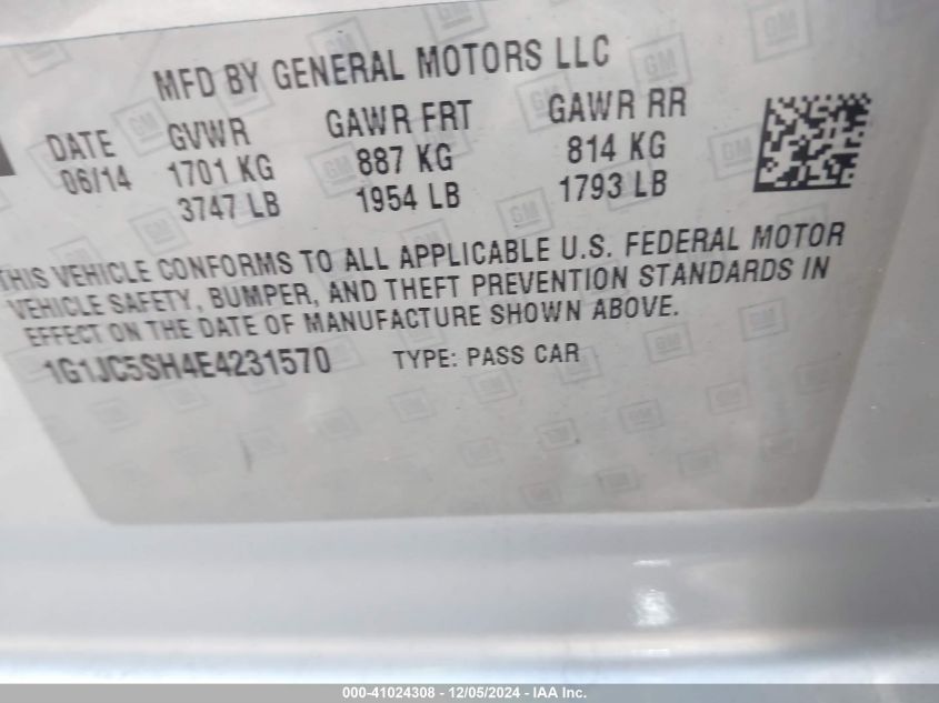 VIN 1G1JC5SH4E4231570 2014 Chevrolet Sonic, Lt Auto no.9