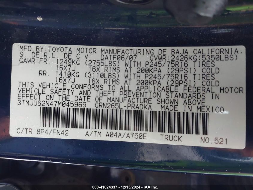 2007 Toyota Tacoma Prerunner V6 VIN: 3TMJU62N47M045969 Lot: 41024337