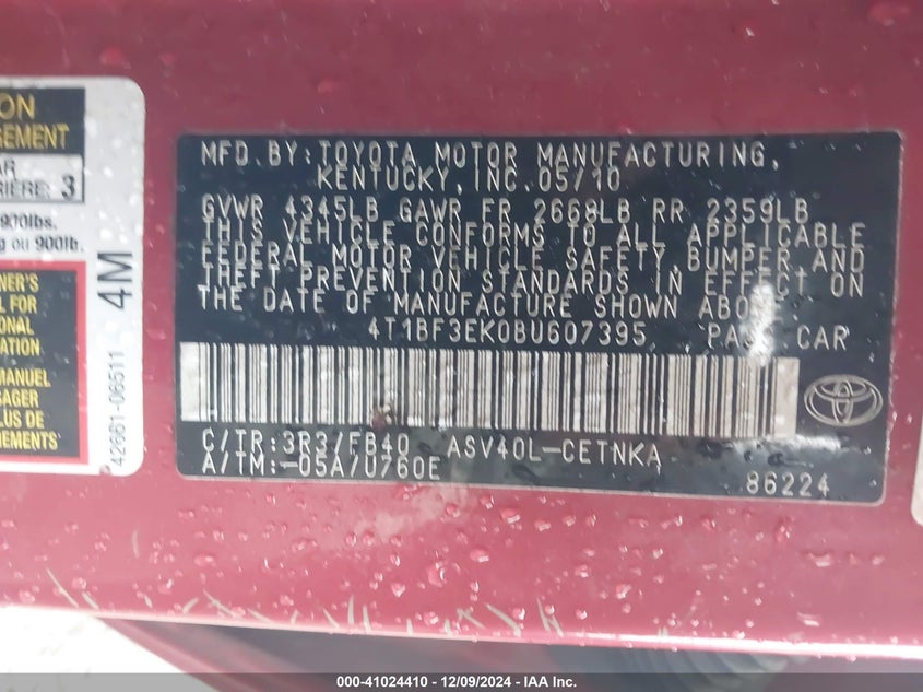 2011 TOYOTA CAMRY VIN: 4T1BF3EK0BU607395