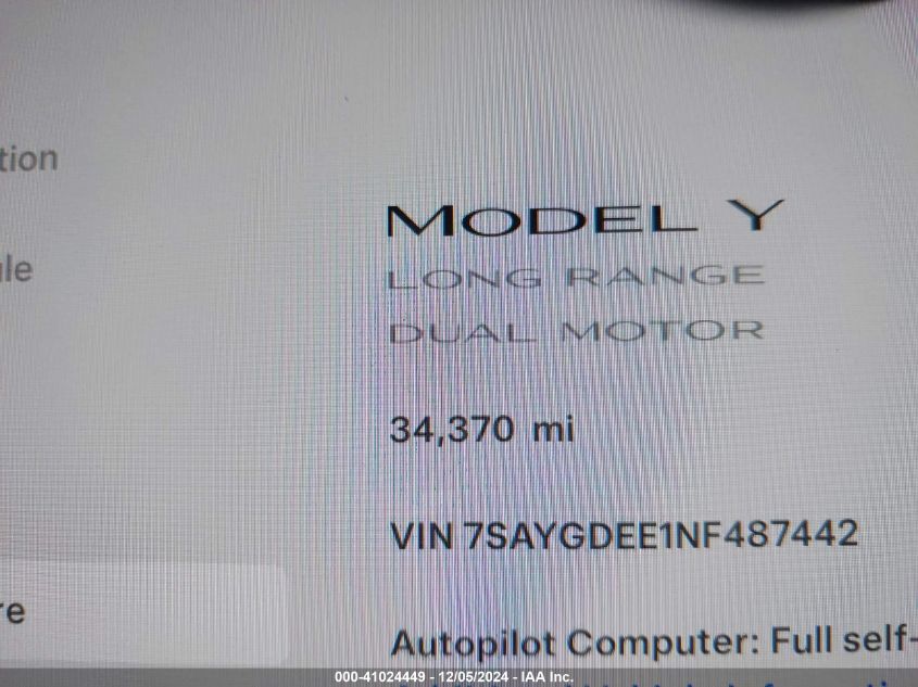 2022 Tesla Model Y Long Range Dual Motor All-Wheel Drive VIN: 7SAYGDEE1NF487442 Lot: 41024449