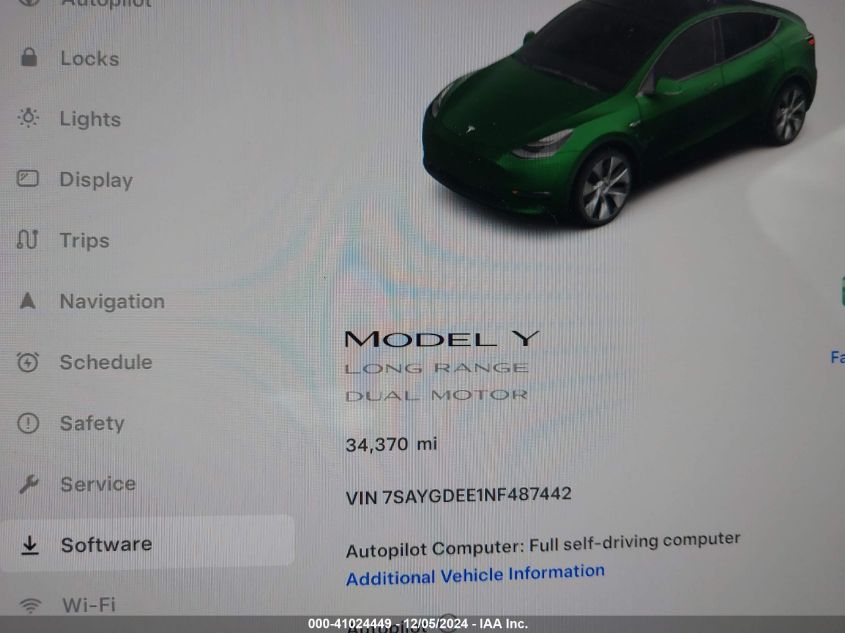 2022 Tesla Model Y Long Range Dual Motor All-Wheel Drive VIN: 7SAYGDEE1NF487442 Lot: 41024449