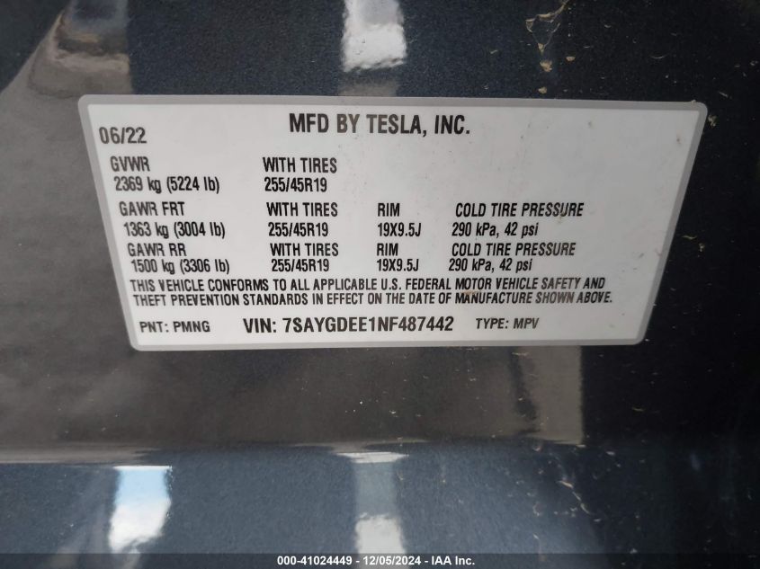 2022 Tesla Model Y Long Range Dual Motor All-Wheel Drive VIN: 7SAYGDEE1NF487442 Lot: 41024449