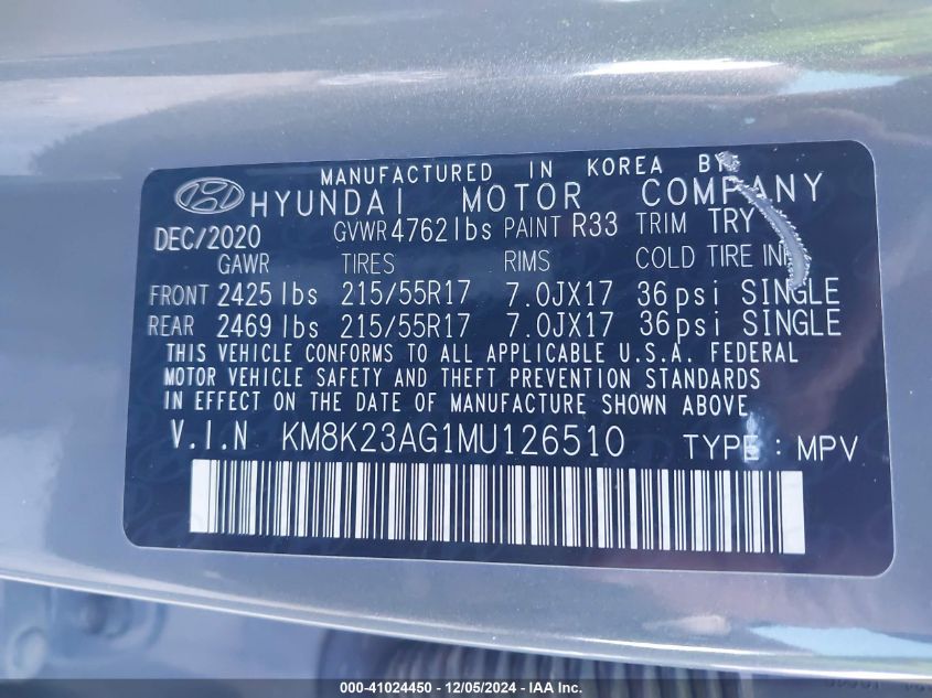 2021 Hyundai Kona Electric Sel VIN: KM8K23AG1MU126510 Lot: 41024450