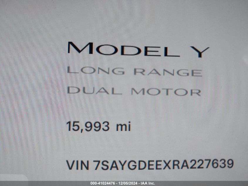 2024 Tesla Model Y Long Range Dual Motor All-Wheel Drive VIN: 7SAYGDEEXRA227639 Lot: 41024476