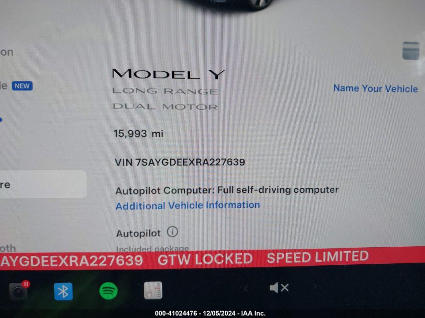 2024 Tesla Model Y Long Range Dual Motor All-Wheel Drive VIN: 7SAYGDEEXRA227639 Lot: 41024476