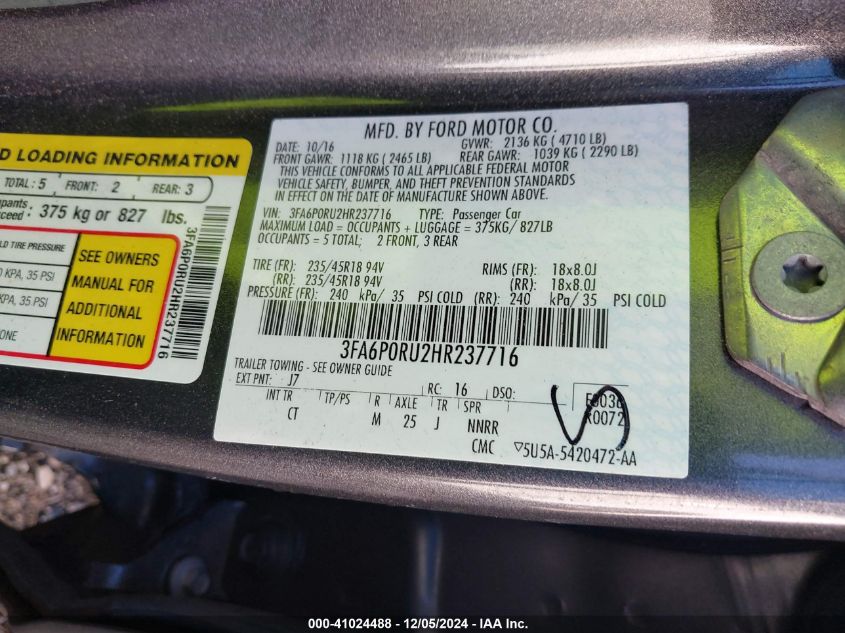 VIN 3FA6P0RU2HR237716 2017 Ford Fusion, Hybrid Tita... no.9