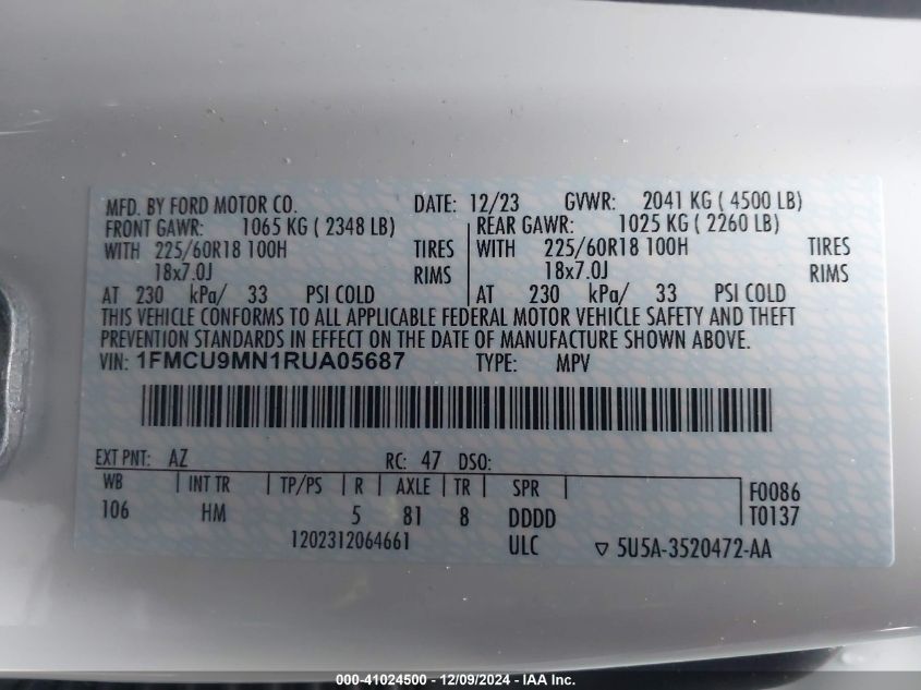 VIN 1FMCU9MN1RUA05687 2024 FORD ESCAPE no.9