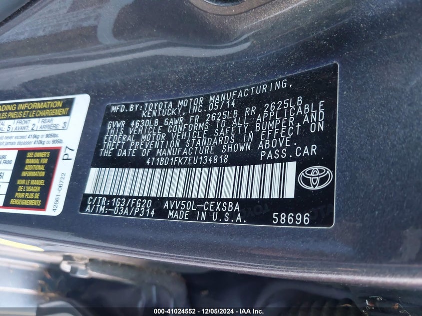 2014 TOYOTA CAMRY HYBRID VIN: 4T1BD1FK7EU134818