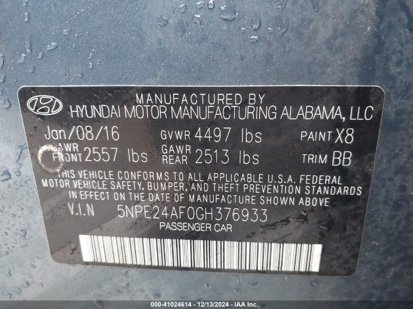 VIN 5NPE24AF0GH376933 2016 Hyundai Sonata, SE no.9