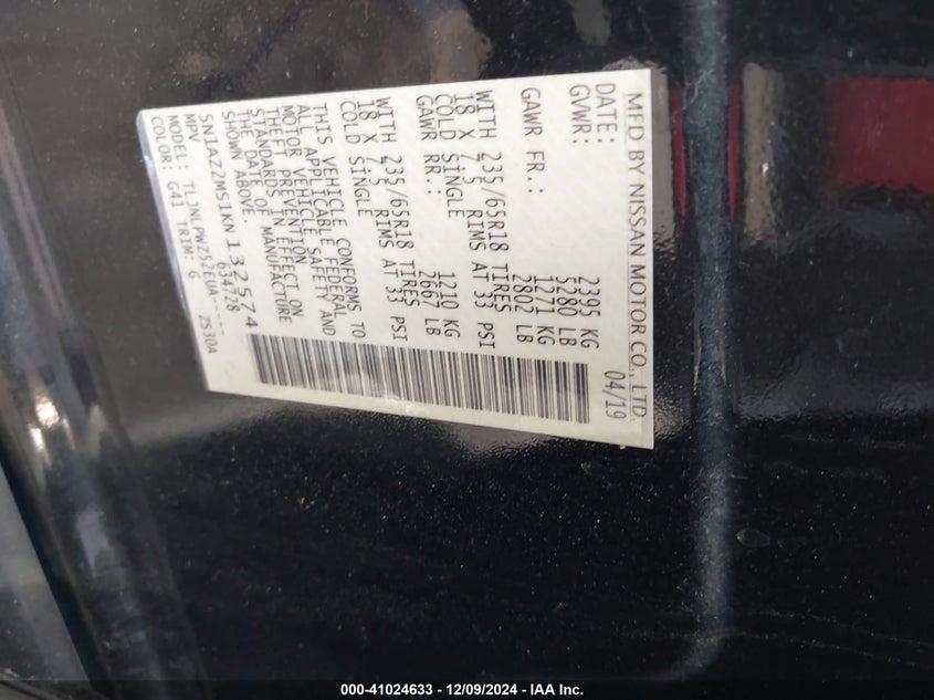 2019 NISSAN MURANO VIN: 5N1AZ2MS1KN132574