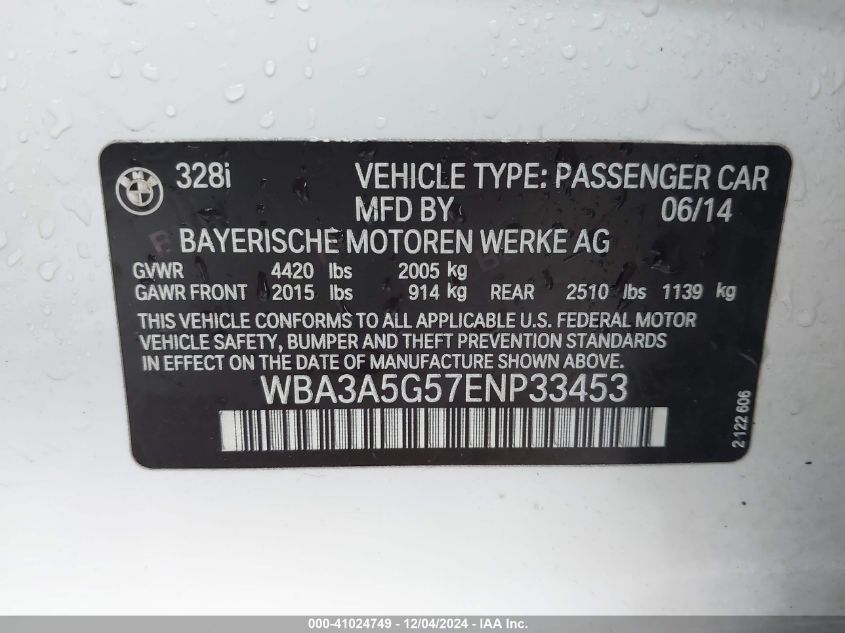 VIN WBA3A5G57ENP33453 2014 BMW 3 Series, 328I no.9