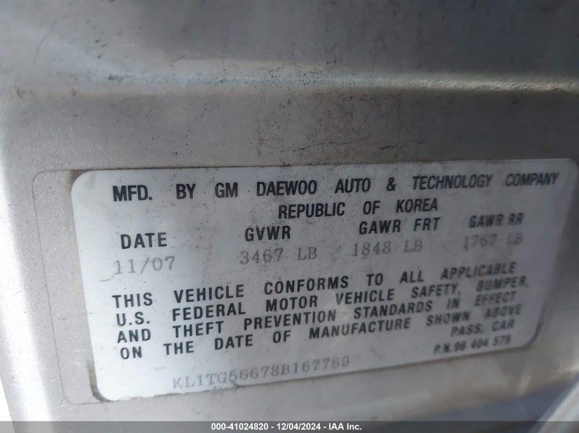 2008 CHEVROLET AVEO VIN: KL1TG56678B167769
