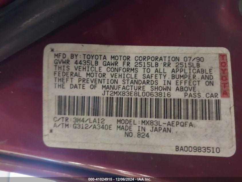 1990 Toyota Cressida Luxury VIN: JT2MX83E8L0063816 Lot: 41024915