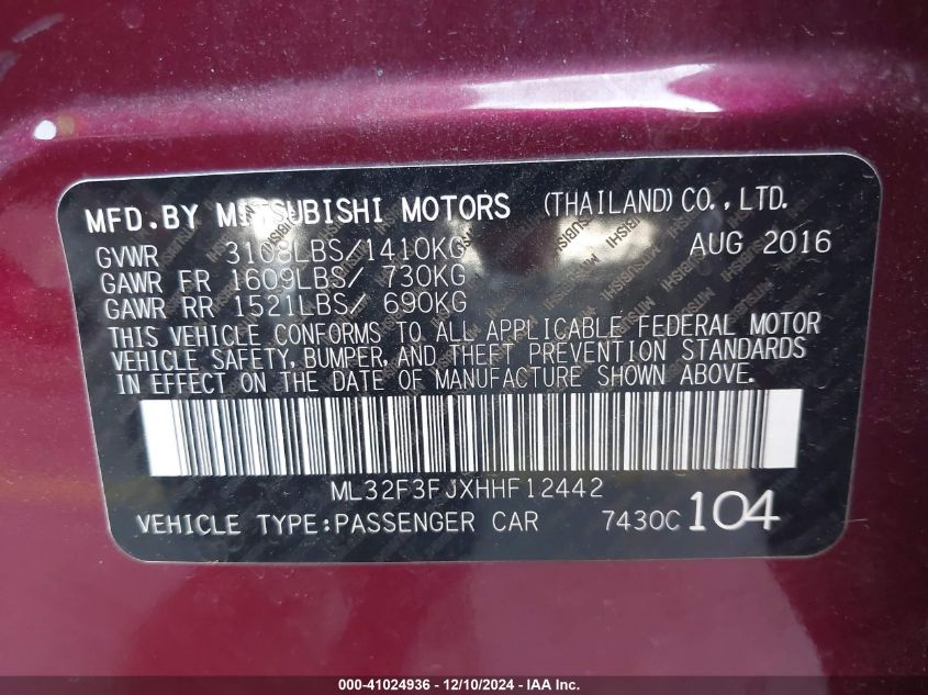 VIN ML32F3FJXHHF12442 2017 MITSUBISHI MIRAGE G4 no.9