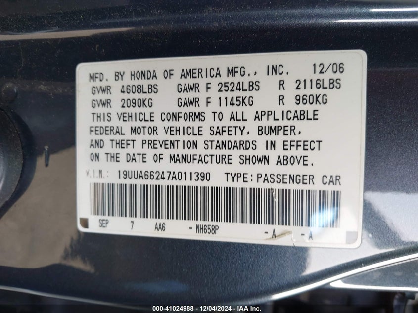 2007 ACURA TL VIN: 19UUA66247A011390