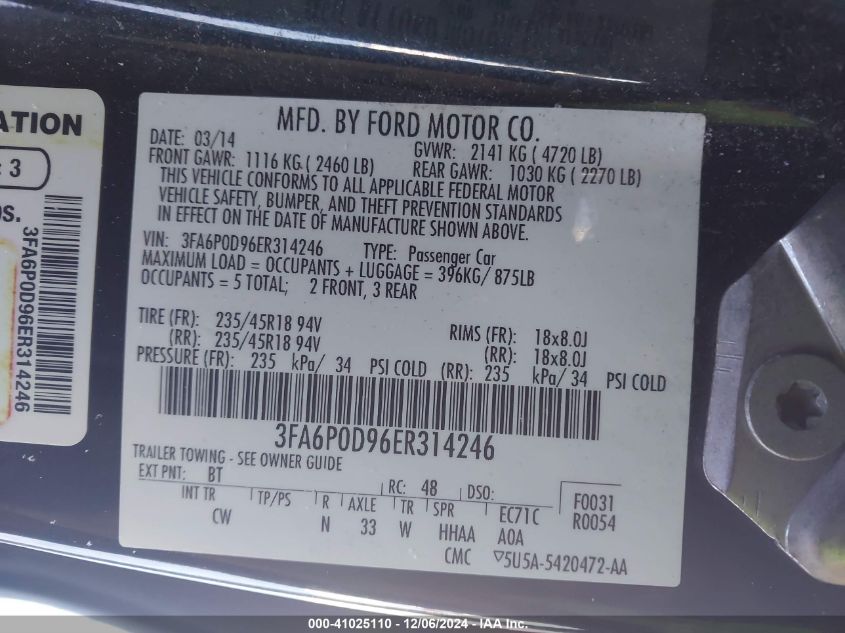 VIN 3FA6P0D96ER314246 2014 FORD FUSION no.9