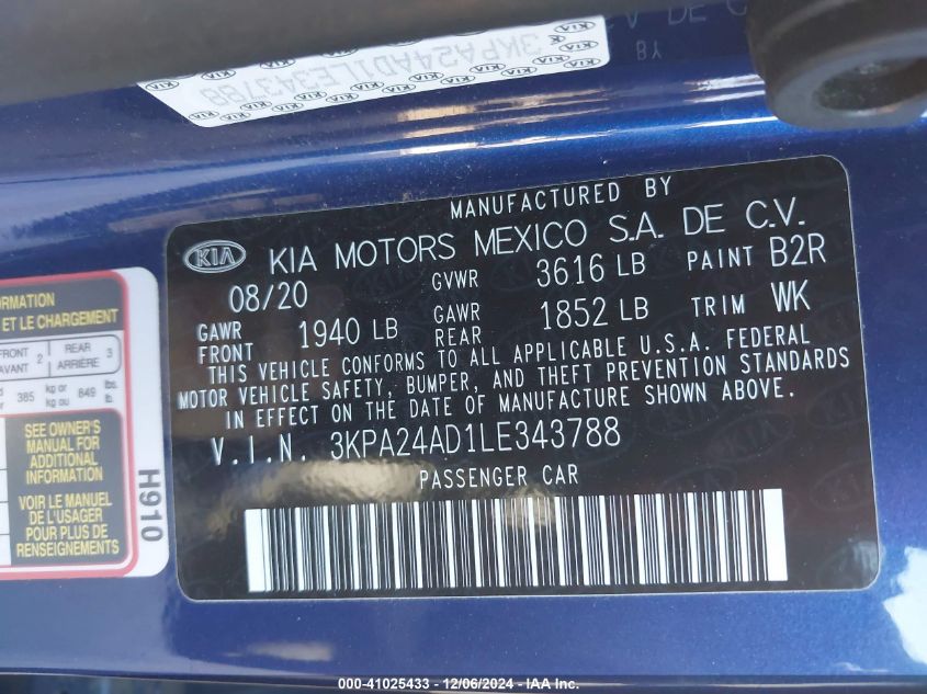 2020 Kia Rio S VIN: 3KPA24AD1LE343788 Lot: 41025433