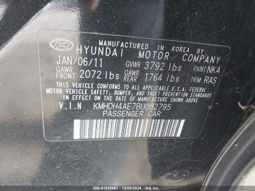 2011 Hyundai Elantra Limited (Ulsan Plant) VIN: KMHDH4AE7BU082795 Lot: 41025561