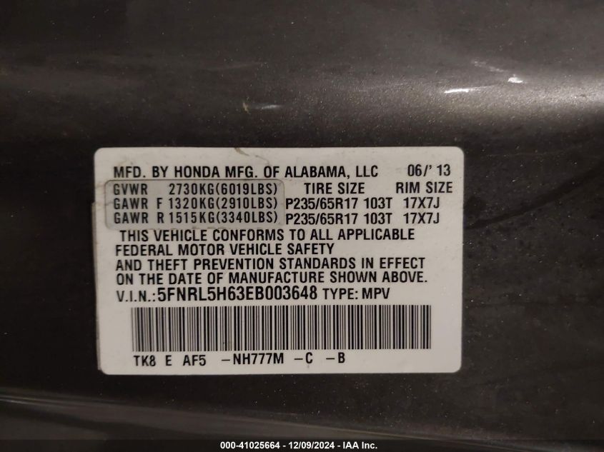 VIN 5FNRL5H63EB003648 2014 Honda Odyssey, Ex-L no.9