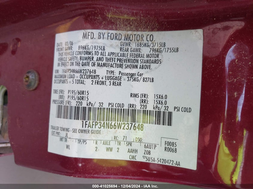 2006 Ford Focus Zx4 VIN: 1FAFP34N66W237648 Lot: 41025694