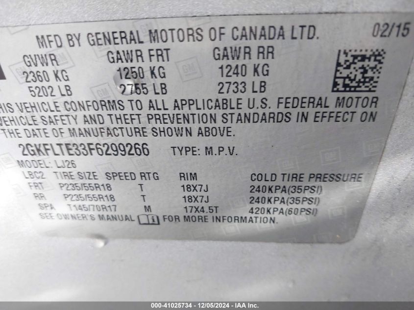 VIN 2GKFLTE33F6299266 2015 GMC Terrain, Slt-2 no.9