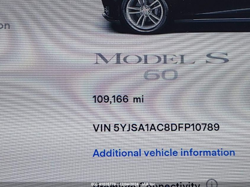 2013 Tesla Model S VIN: 5YJSA1AC8DFP10789 Lot: 41025778