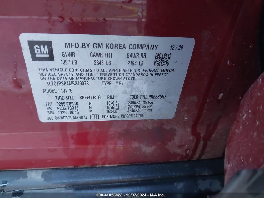 VIN KL7CJPSB4MB349073 2021 CHEVROLET TRAX no.9