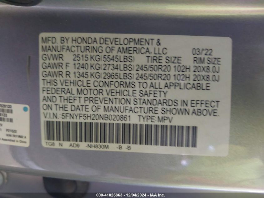 VIN 5FNYF5H20NB020861 2022 Honda Pilot, 2Wd Special... no.9