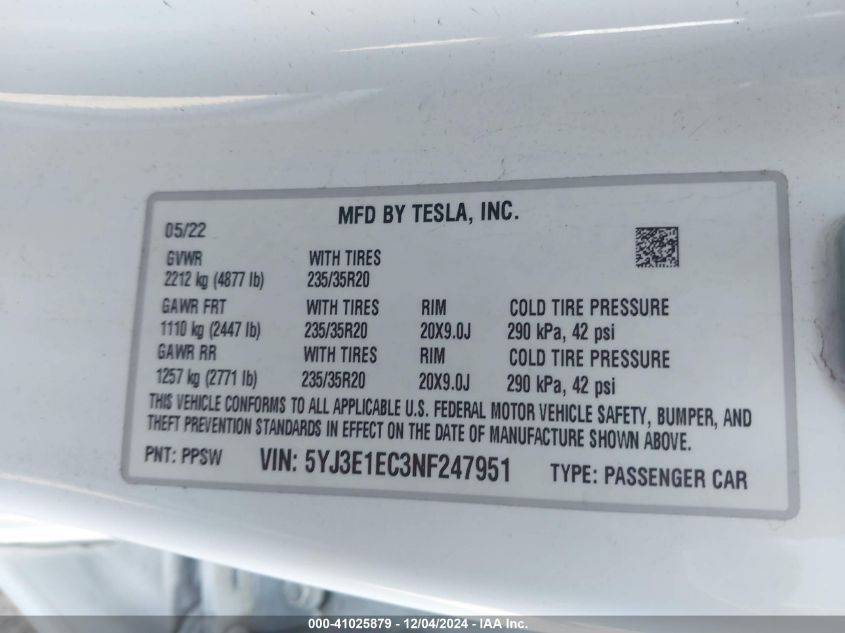 VIN 5YJ3E1EC3NF247951 2022 TESLA MODEL 3 no.9