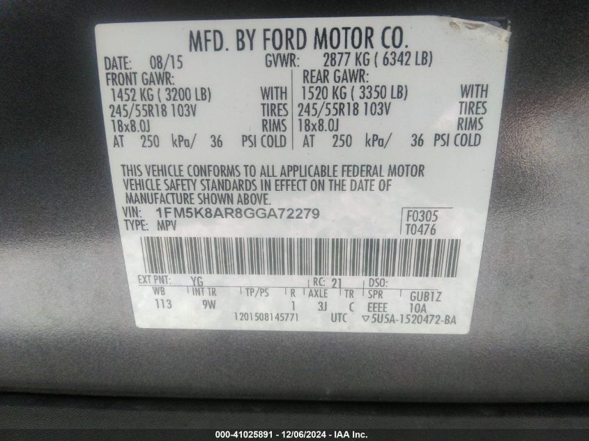 VIN 1FM5K8AR8GGA72279 2016 Ford Utility Police Inte... no.9