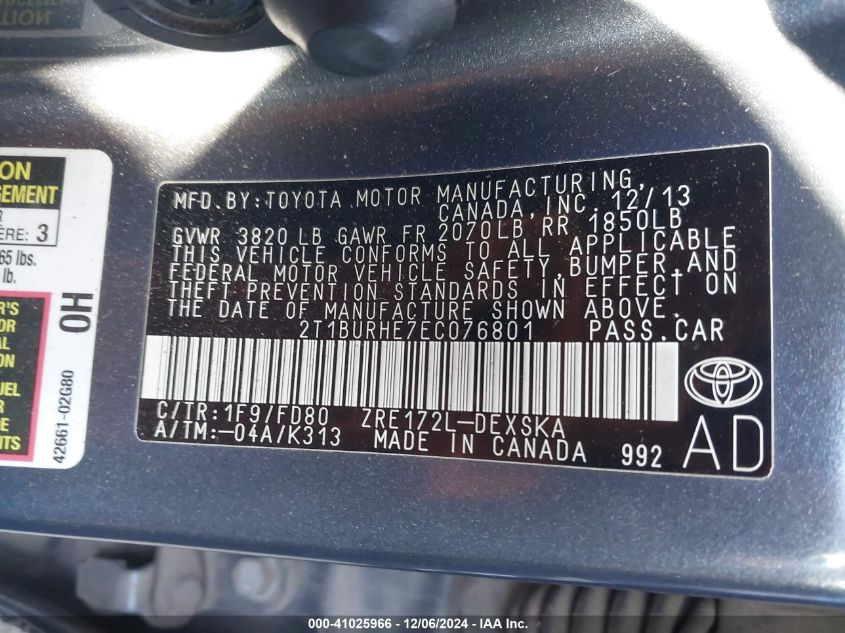 VIN 2T1BURHE7EC076801 2014 TOYOTA COROLLA no.9