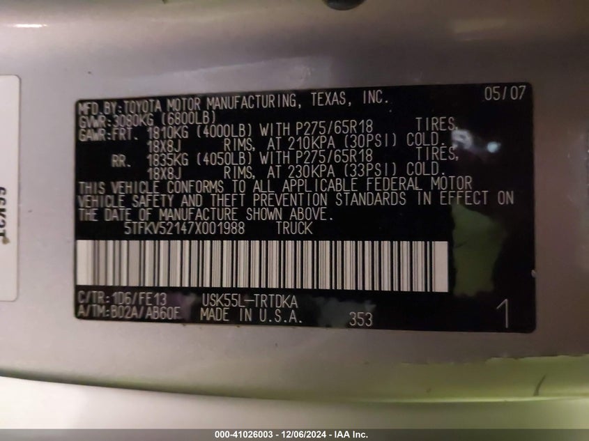 2007 TOYOTA TUNDRA VIN: 5TFKV52147X001988